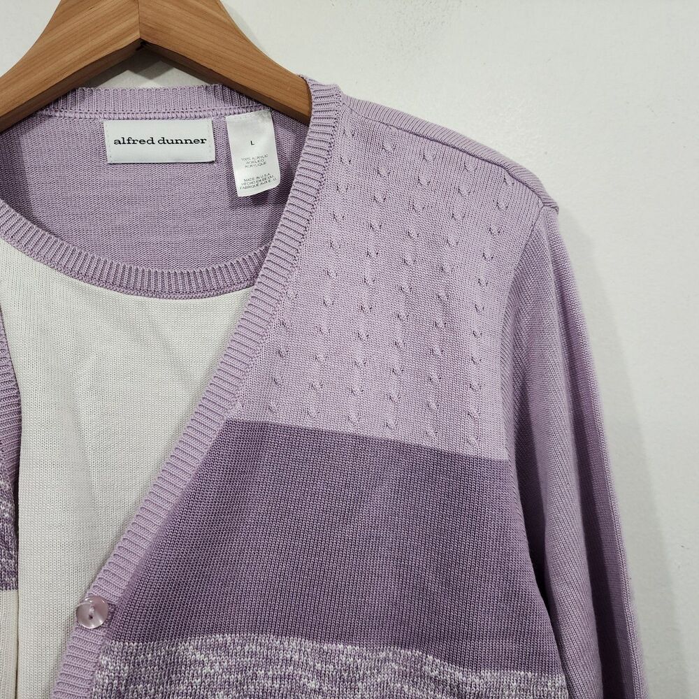 Alfred Dunner Blurred Stripes Knit Cardigan Button-front Purple White Womens L - Picture 9 of 14